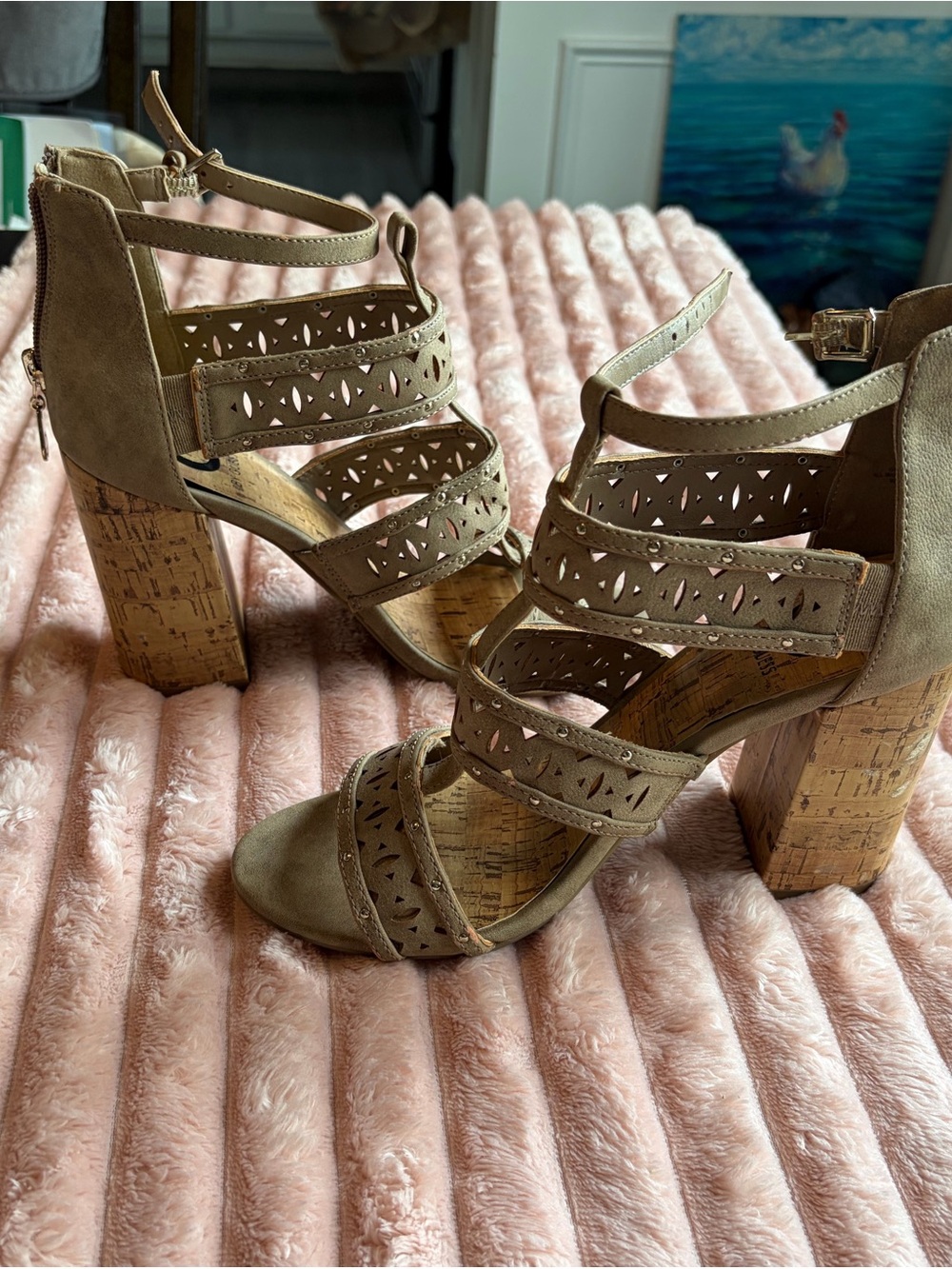 Guess Taupe Laser-Cut Strappy Cork Block Heels